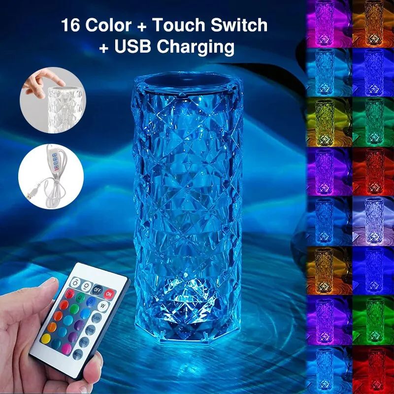 16-Color Crystal Lamp – USB Rechargeable Touch Table Light